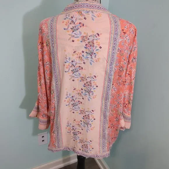 Free People Women's Size XS/S Floral Zip Jacket Kimono Sleeve Coral /Pink - Picture 2 of 4